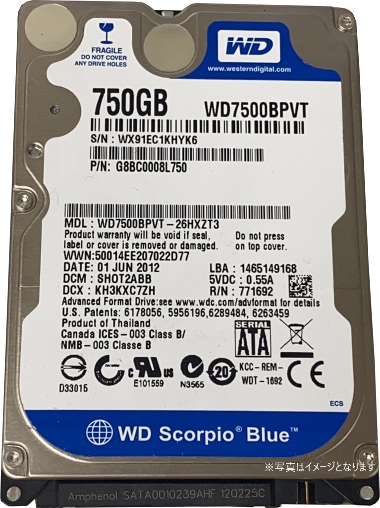 【中古動作品】Western Digital 2.5インチ HDD SATA(Serial ATA) 750GB WD7500BPVT